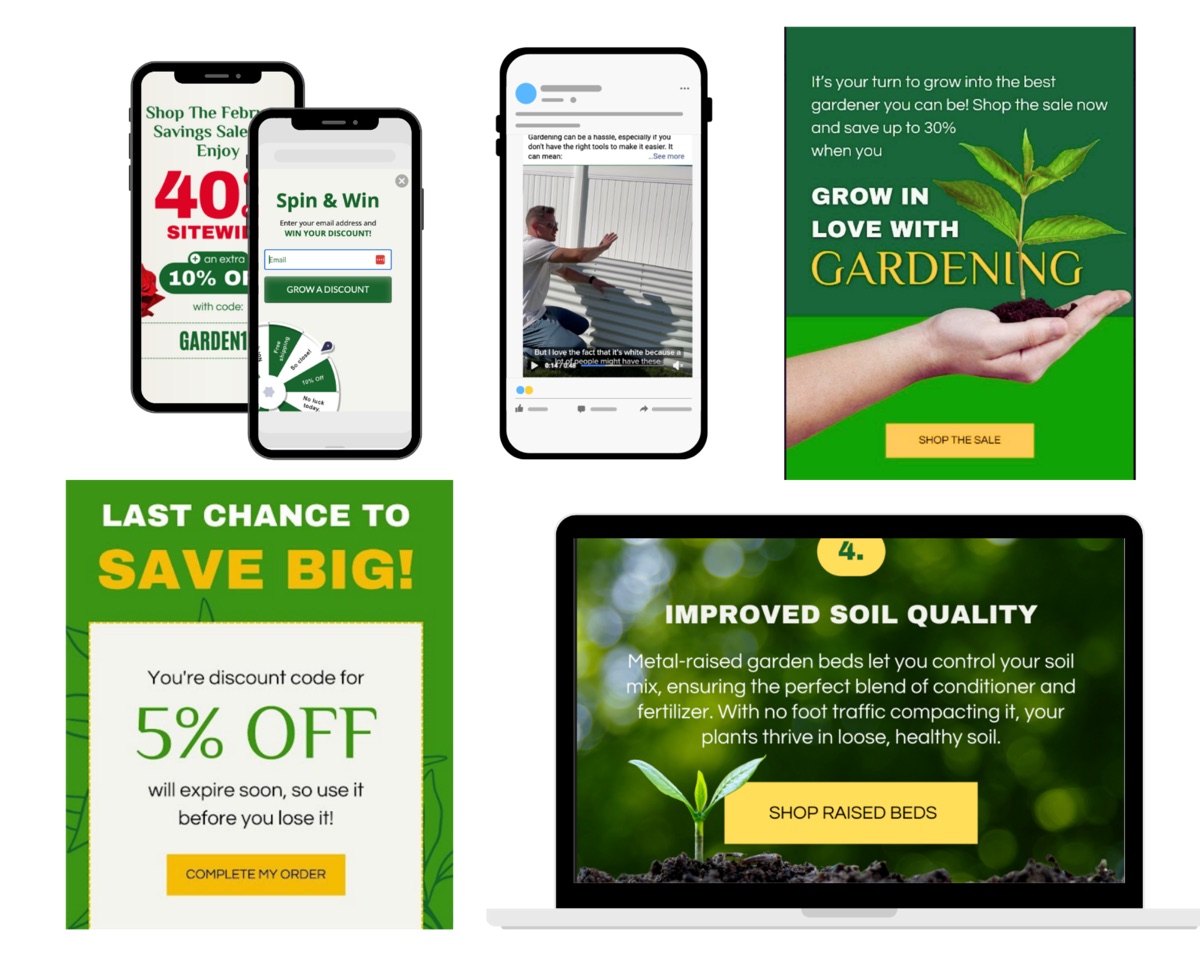Paid social creative, promotional pop-ups, lifecycle email, and landing page for the Garden and Outdoor brand