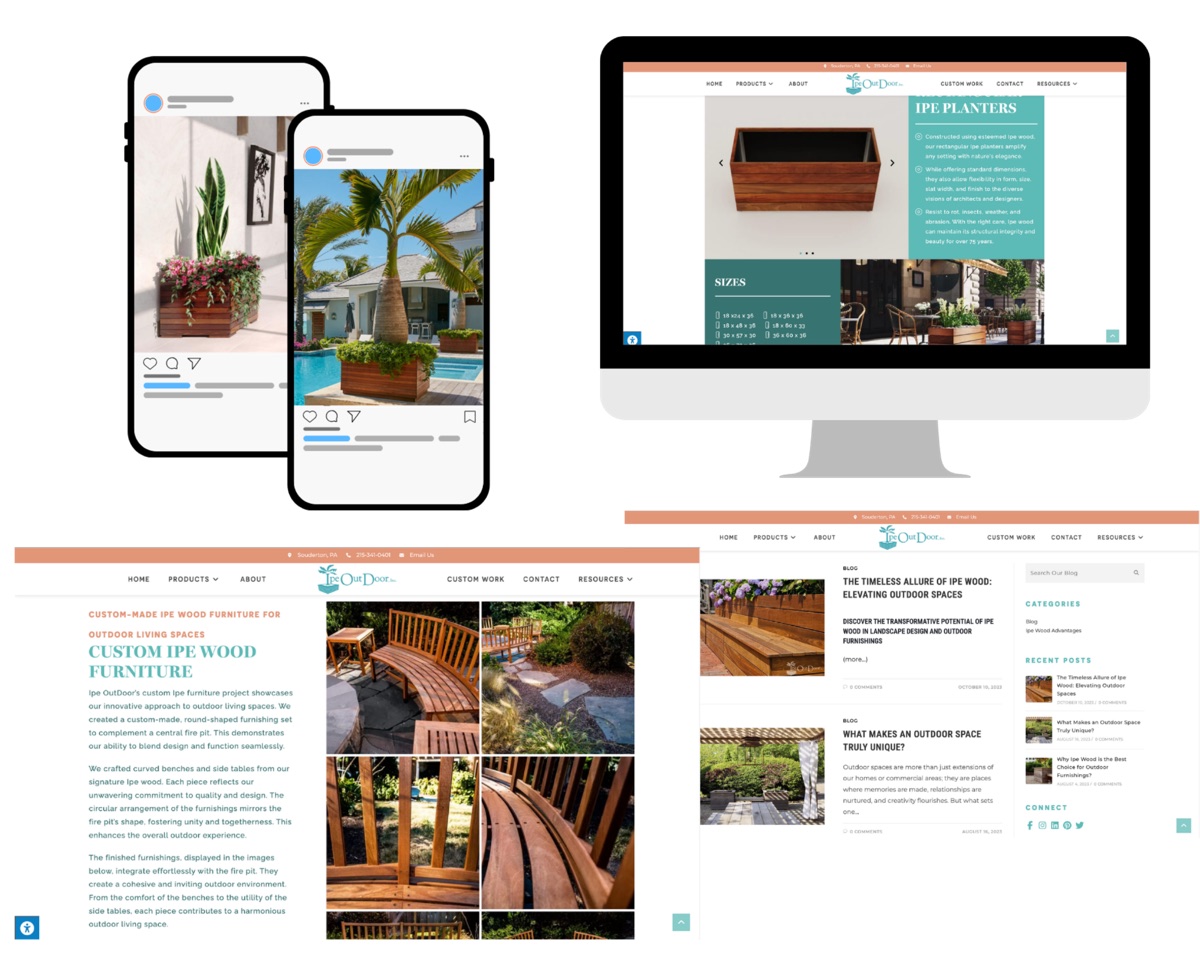IPE Outdoor product pages, case study, and blog content across desktop and mobile