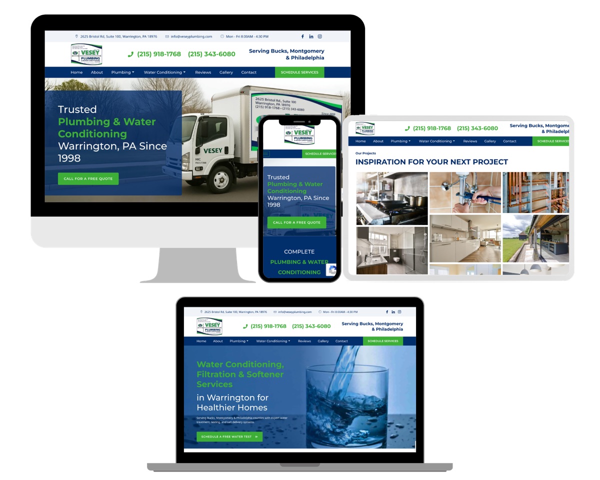 Rebuilt Vesey Plumbing and Water Conditioning website across desktop, laptop, tablet, and mobile