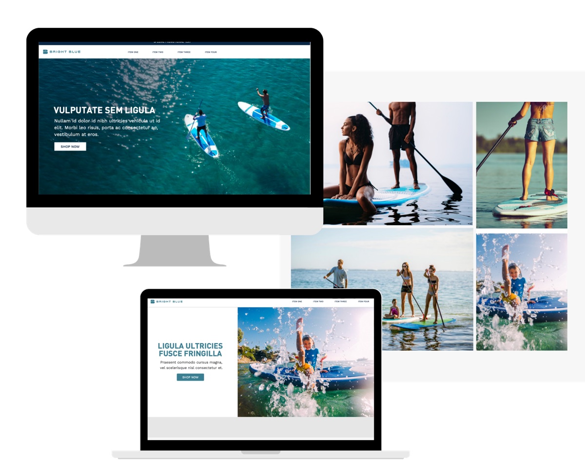 Bright Blue brand applied across website design and product photography