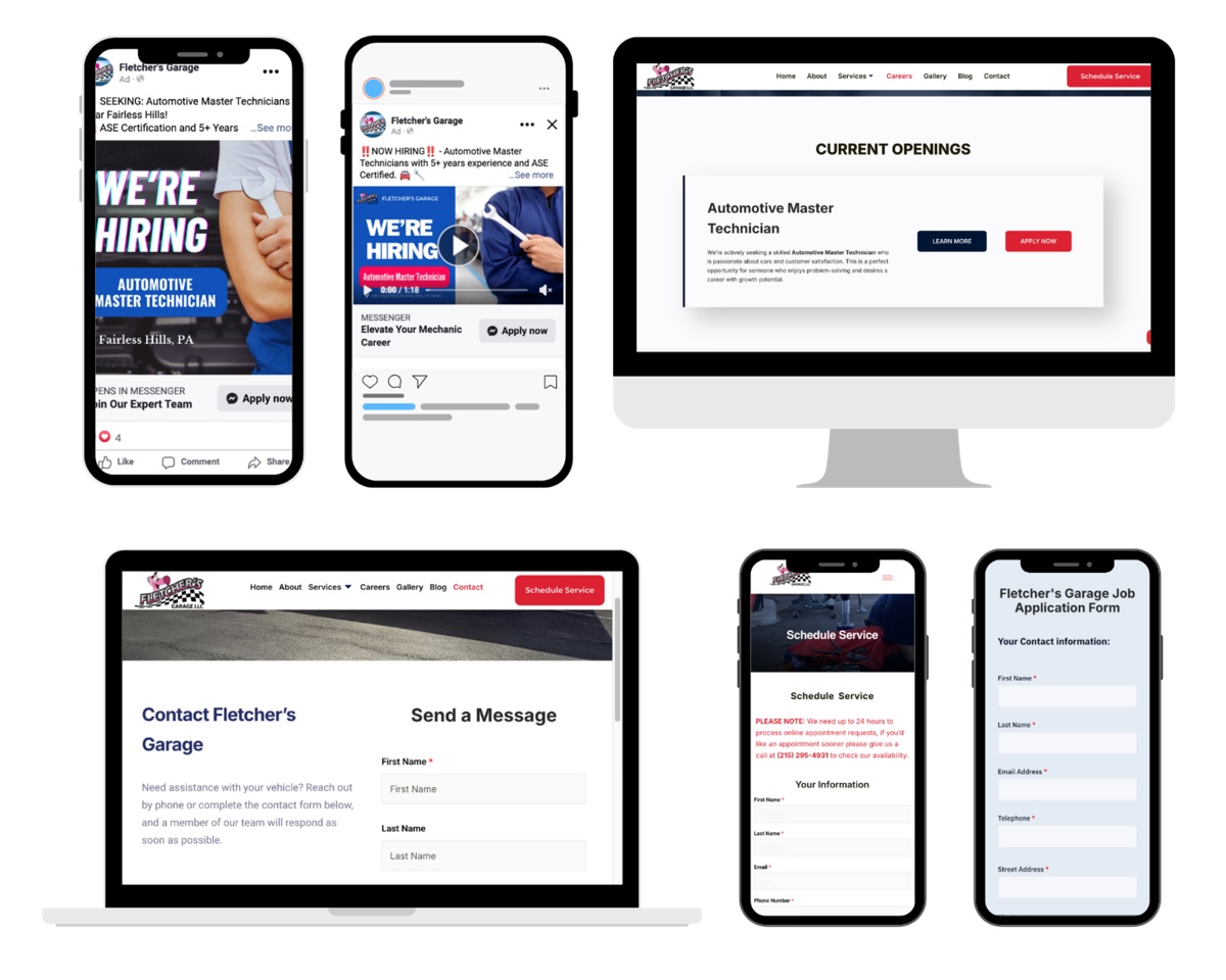 Fletcher's Garage recruiting ads, Careers page, and application form